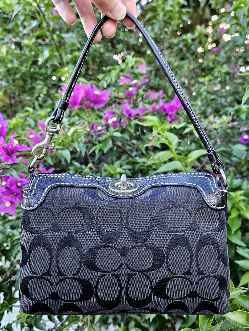 Coach Black Signature Turnlock Mini Shoulder Bag Jacquard Patent Leather Y2K